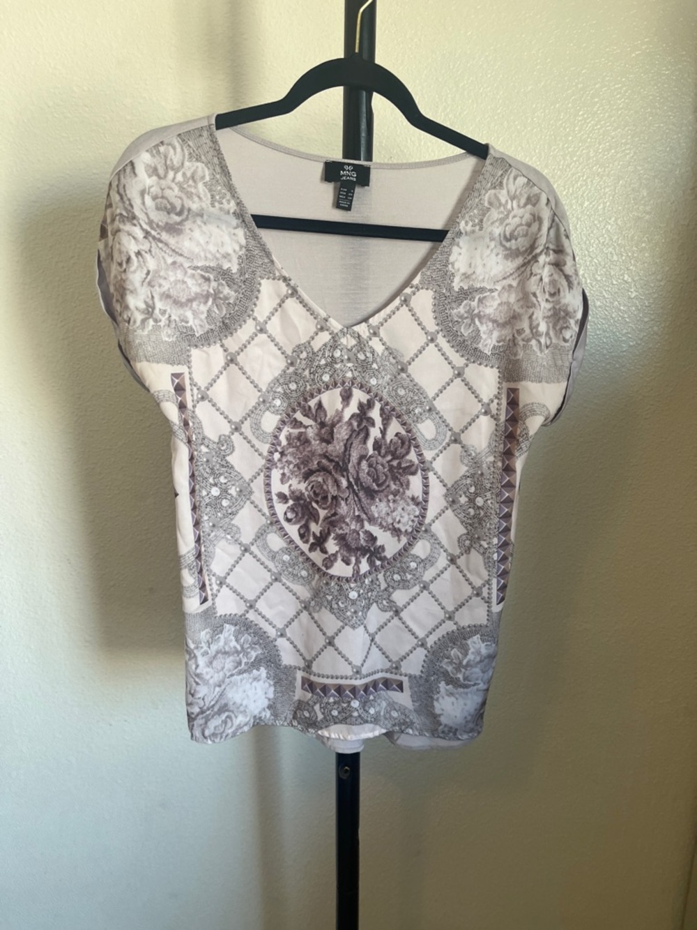 Mango Lavendar and Cream Floral Medallion V-Neck Blouse